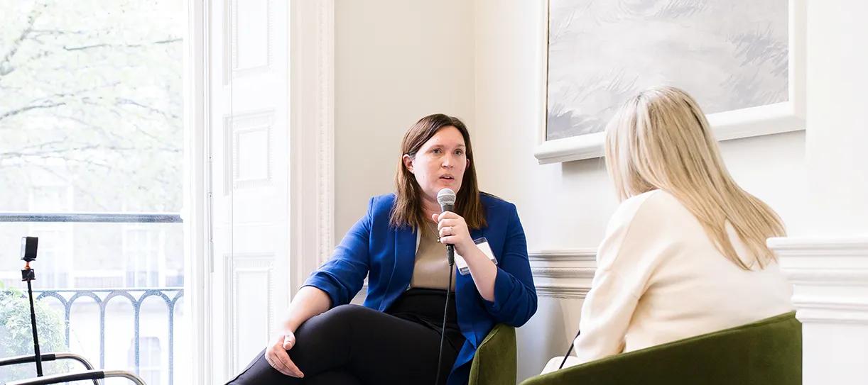 Emma Greenwood recording a podcast at the Prevention Catalyst launch event