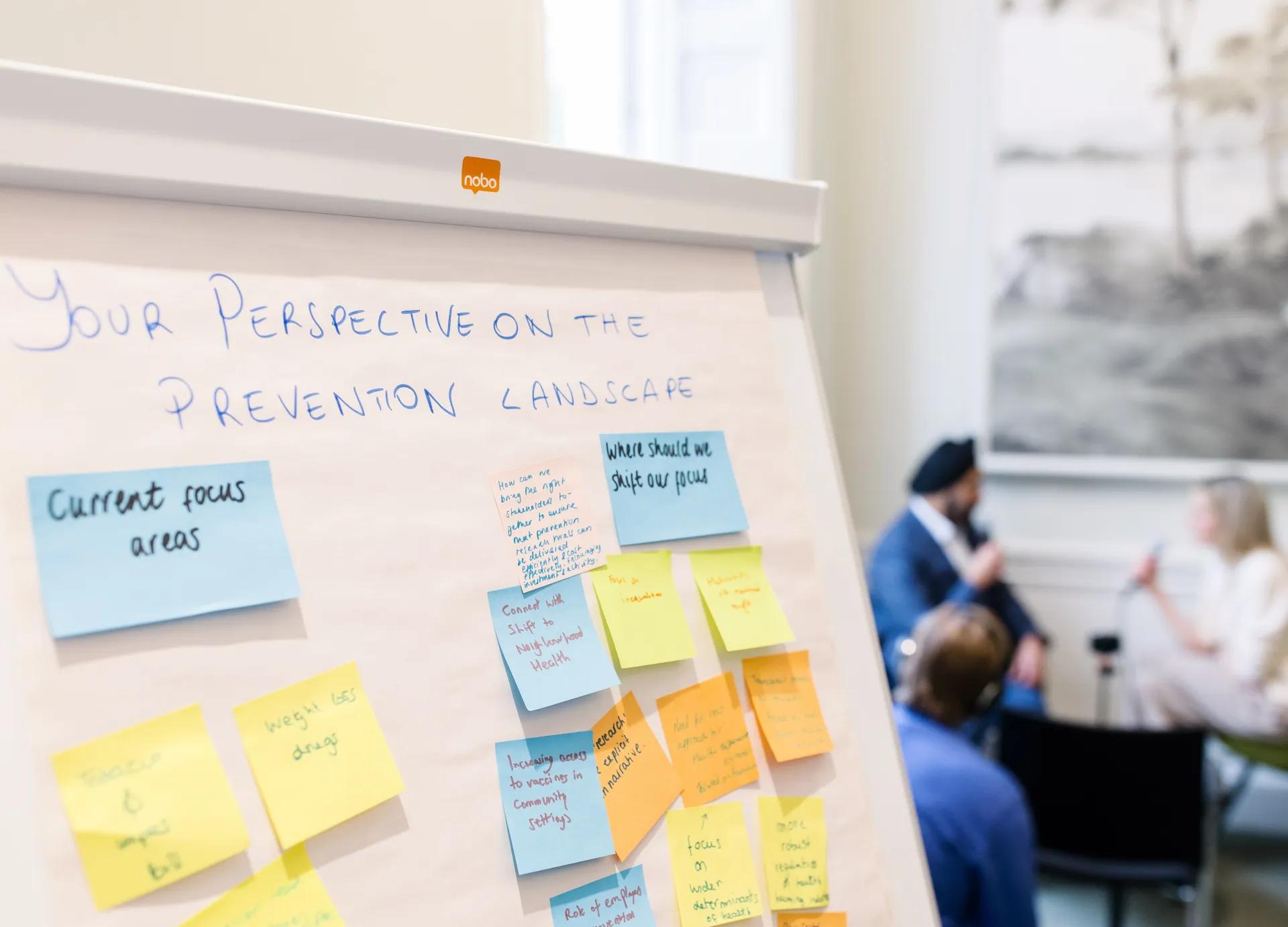 Whiteboard with sticky notes about perspectives on the prevention landscape, with a media interview in the background